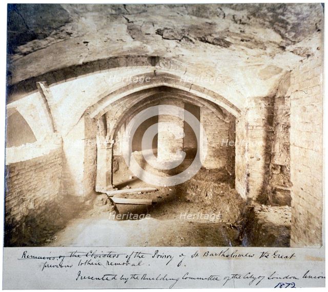Remains of the cloisters of St Bartholomew-the-Great prior to their removal, City of London, 1872. Artist: Anon