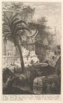 Remains of ancient buldings among which stands the sepulchral urn of Marcus Agrippa ma..., ca. 1750. Creator: Giovanni Battista Piranesi