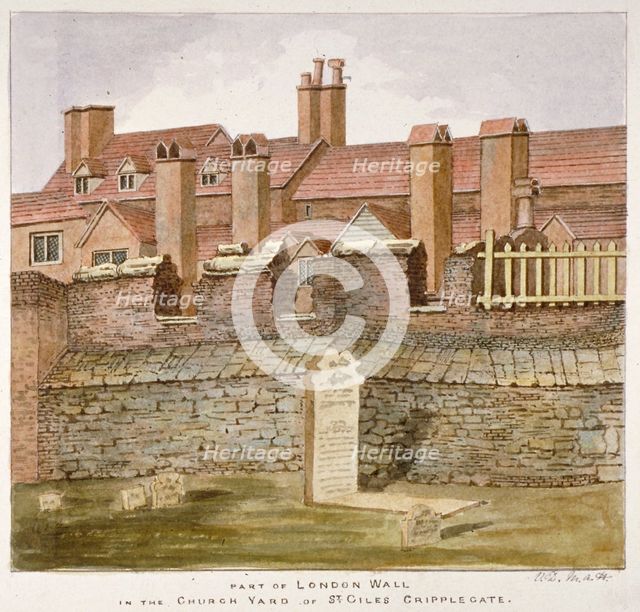 Remains of London Wall in the churchyard of St Giles without Cripplegate, City of London, 1825. Artist: Valentine Davis
