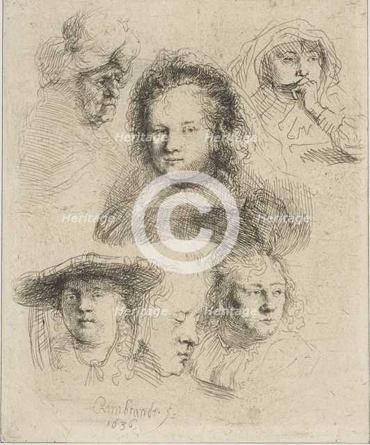 Rembrandt's Wife and Five Other Heads, 1636. Creator: Rembrandt Harmensz van Rijn.