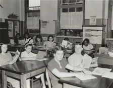 Remedial reading and arithmetic training, house on chalkboard, St Thomas School, 1941. Creator: Beckerman