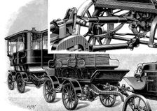Renard's automobile train, showing coupling (top right) and a train of wagons, 1904. Creator: Unknown