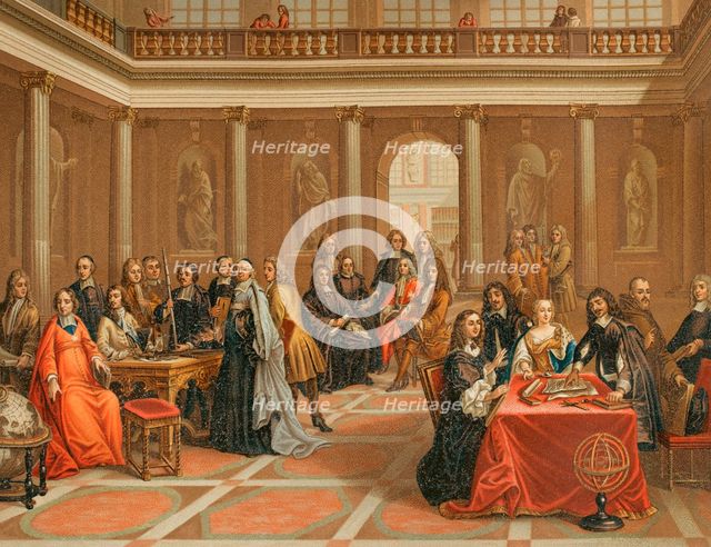 René Descartes, (1596-1650) conducting a demonstration to court of Queen Christina of Sweden, 1882. Creator: Nordmann.