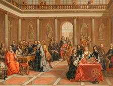 René Descartes, (1596-1650) conducting a demonstration to court of Queen Christina of Sweden, 1882. Creator: Nordmann