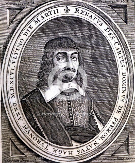 René Descartes (1596 - 1650), French philosopher and scientist, original engraving of Principia P…