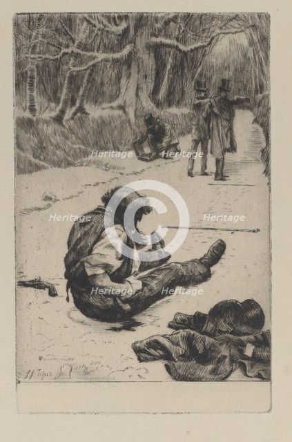 Renée Mauperin: Henri Mauperin Wounded after the Duel with Boisjorand de Villacour..., 19th century. Creator: James Tissot.