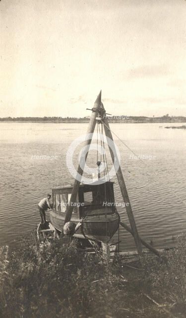 Repair of the boat "Mana" on the banks of the Zeya River, 1909. Creator: Vladimir Ivanovich Fedorov.