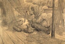 Repairing the net inside the hut, 1928. Creator: Dmitrii Innokent'evich Karatanov