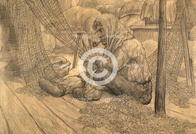 Repairing the net inside the hut, 1928. Creator: Dmitrii Innokent'evich Karatanov.