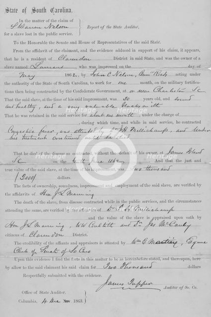 Report of South Carolina State Auditor reviewing facts and making settlement of $2,000..., 1863. Creator: Unknown.