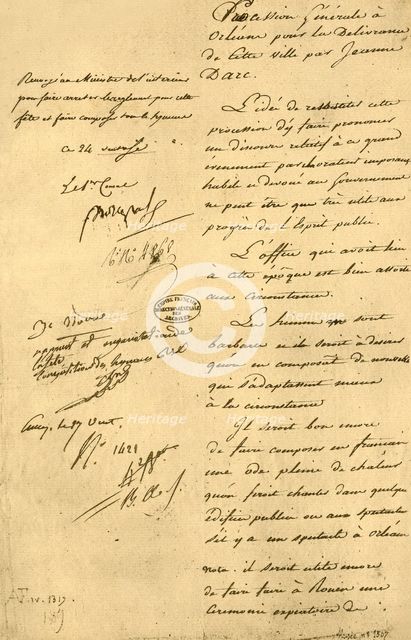 Report by the Minister of the Interior on the festival of Joan of Arc, 15 March 1803, (1921). Creator: Unknown.