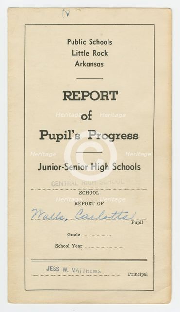 Report card for Carlotta Walls from Little Rock Central High School, 1957 - 1958. Creator: Unknown.