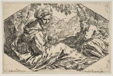Repose in Egypt, Mary holding and looking at the infant Christ while St. Joseph s..., ca. 1637-1639. Creator: Simone Cantarini