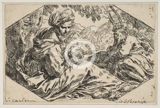 Repose in Egypt, Mary holding and looking at the infant Christ while St. Joseph s..., ca. 1637-1639. Creator: Simone Cantarini.