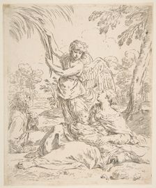 Repose in Egypt, Mary nursing the infant Christ while an angel pulls at tree branches, ca. 1639. Creator: Simone Cantarini