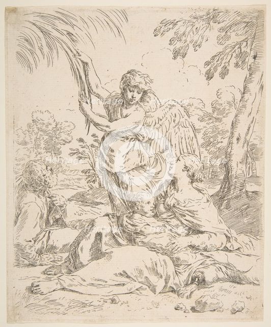 Repose in Egypt, Mary nursing the infant Christ while an angel pulls at tree branches, ca. 1639. Creator: Simone Cantarini.