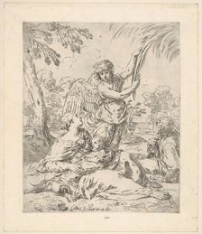 Repose in Egypt, Mary nursing the infant Christ while an angel pulls at tree branc..., ca.1630-1648. Creator: Simone Cantarini