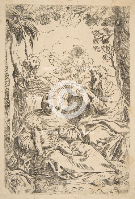 Repose in Egypt, Holy Family seated while an angel pulls at tree branche..., ca. 1637-1639 or after. Creator: Unknown.