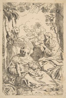 Repose in Egypt, Holy Family seated while an angel pulls at tree branche..., ca. 1637-1639 or after. Creator: Unknown