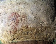 Replica of the idol of Peña Tu (Llanes, Asturias), the original is on a monolith: engraving highl…