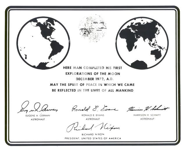 Replica of the plaque left on the Moon by Apollo 17 astronauts, 1972.  Creator: NASA.