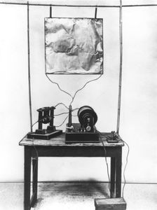 Replica of Marconi's first transmitter used in his early experiments in Italy, 1894. Creator: Unknown