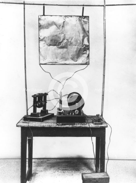 Replica of Marconi's first transmitter used in his early experiments in Italy, 1894. Creator: Unknown.