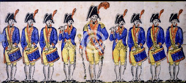Reproduction of a cutout of a military music band, engraving, 1830s.