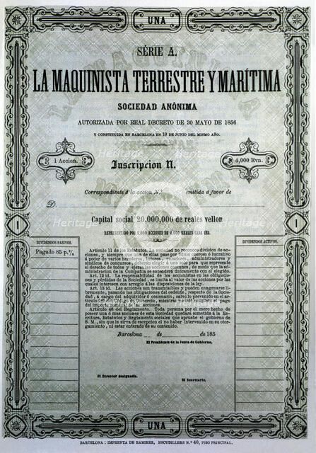 Reproduction of a share of the company Maquinista Terrestre y Marítima, S.A., from Barcelona, fir…