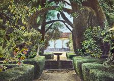 Reproduction of illustration showing a garden fountain, between 1915 and 1925. Creator: Frances Benjamin Johnston