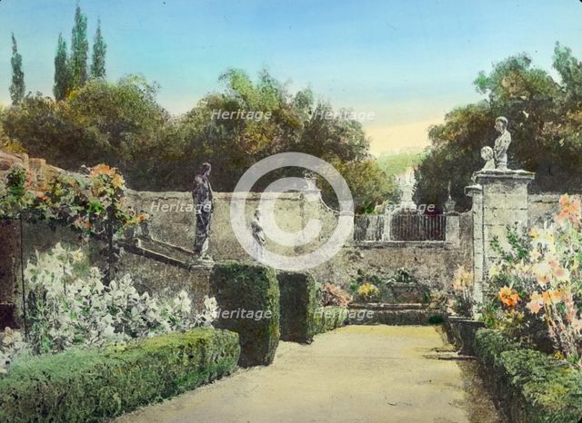 Reproduction of illustration showing a garden with statues, between 1915 and 1925. Creator: Frances Benjamin Johnston.