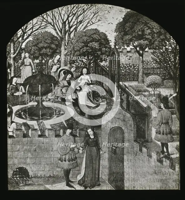 Reproduction of illustration showing an enclosed garden, between 1915 and 1925. Creator: Frances Benjamin Johnston.