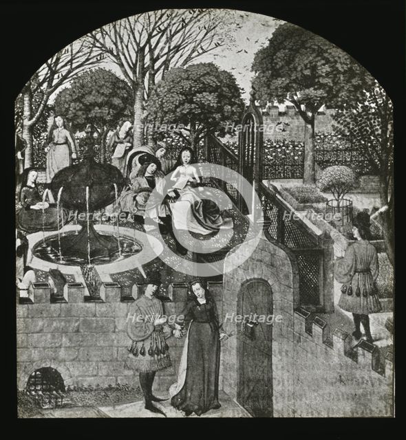 Reproduction of illustration showing an enclosed garden, between 1915 and 1925. Creator: Frances Benjamin Johnston.