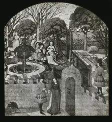 Reproduction of illustration showing an enclosed garden, between 1915 and 1925. Creator: Frances Benjamin Johnston