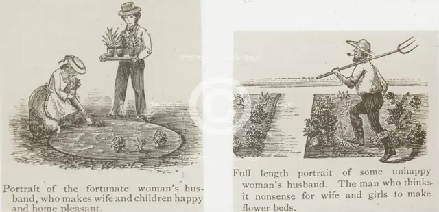 Reproduction of illustrations showing fortunate and unhappy husbands, between 1915 and 1925. Creator: Frances Benjamin Johnston.