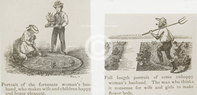 Reproduction of illustrations showing fortunate and unhappy husbands, between 1915 and 1925. Creator: Frances Benjamin Johnston.
