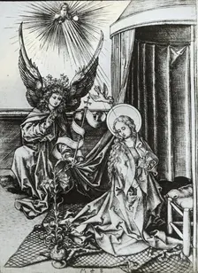 Reproduction of print: Annunciation, between 1915 and 1925. Creator: Martin Schongauer