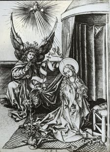Reproduction of print: Annunciation, between 1915 and 1925. Creator: Martin Schongauer