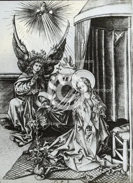 Reproduction of print: Annunciation, between 1915 and 1925. Creator: Martin Schongauer.