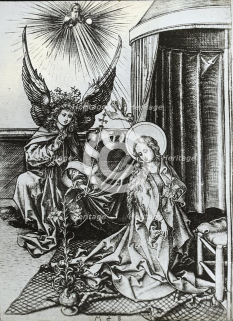 Reproduction of print: Annunciation, between 1915 and 1925. Creator: Martin Schongauer.