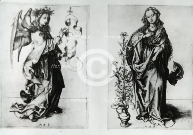 Reproduction of print showing: Madonna and Archangel Gabriel , between 1915 and 1925. Creator: Martin Schongauer.
