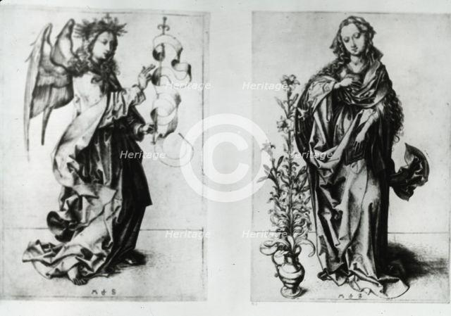 Reproduction of print showing: Madonna and Archangel Gabriel , between 1915 and 1925. Creator: Martin Schongauer.