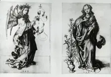 Reproduction of print showing: Madonna and Archangel Gabriel , between 1915 and 1925. Creator: Martin Schongauer