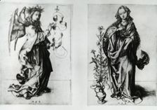 Reproduction of print showing: Madonna and Archangel Gabriel , between 1915 and 1925. Creator: Martin Schongauer