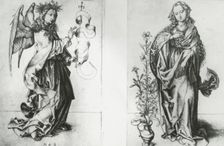 Reproduction of print showing: Madonna and Archangel Gabriel , between 1915 and 1925. Creator: Martin Schongauer