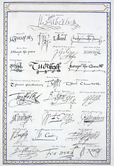 Reproduction of the signatures of the Tudors and members of their court, 1825. Artist: Sarah, Countess of Essex