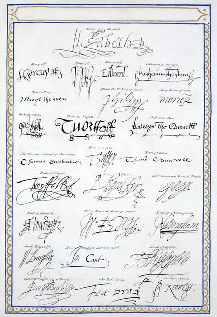 Reproduction of the signatures of the Tudors and members of their court, 1825. Artist: Sarah, Countess of Essex
