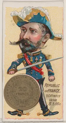 Republic of France, 20 Francs, from the series Coins of All Nations (N72, variation 2) for..., 1889. Creator: Unknown