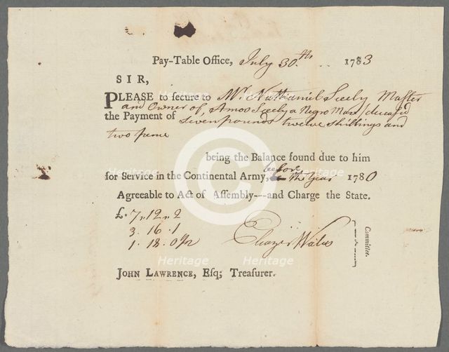Request for compensation to be paid to Nathaniel Seely for his slave..., 1783. Creator: Unknown.