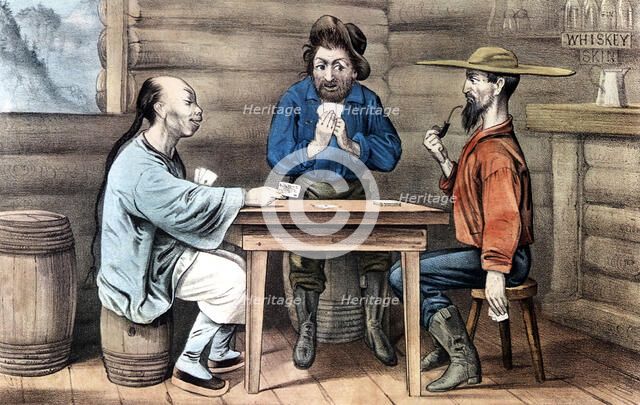 Resentment of Chinese in gold mining areas of United States, 1875. Artist: Unknown